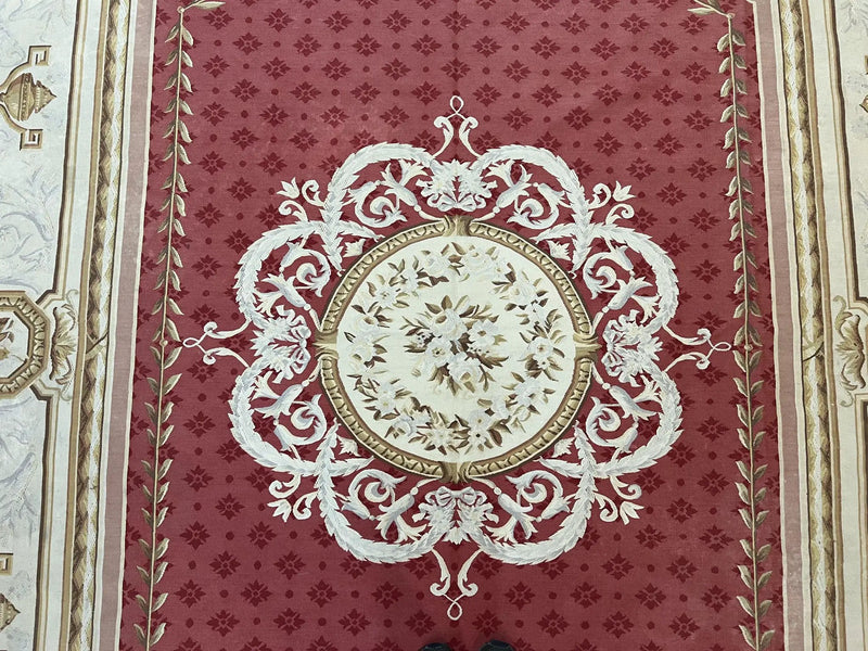 Aubusson Rug 9x12 ft, Red and Ivory Elegant Aubusson Carpet, Flatweave, Vintage Wool Handmade Area Rug 9 x 12, French European Design by Jewel Rugs