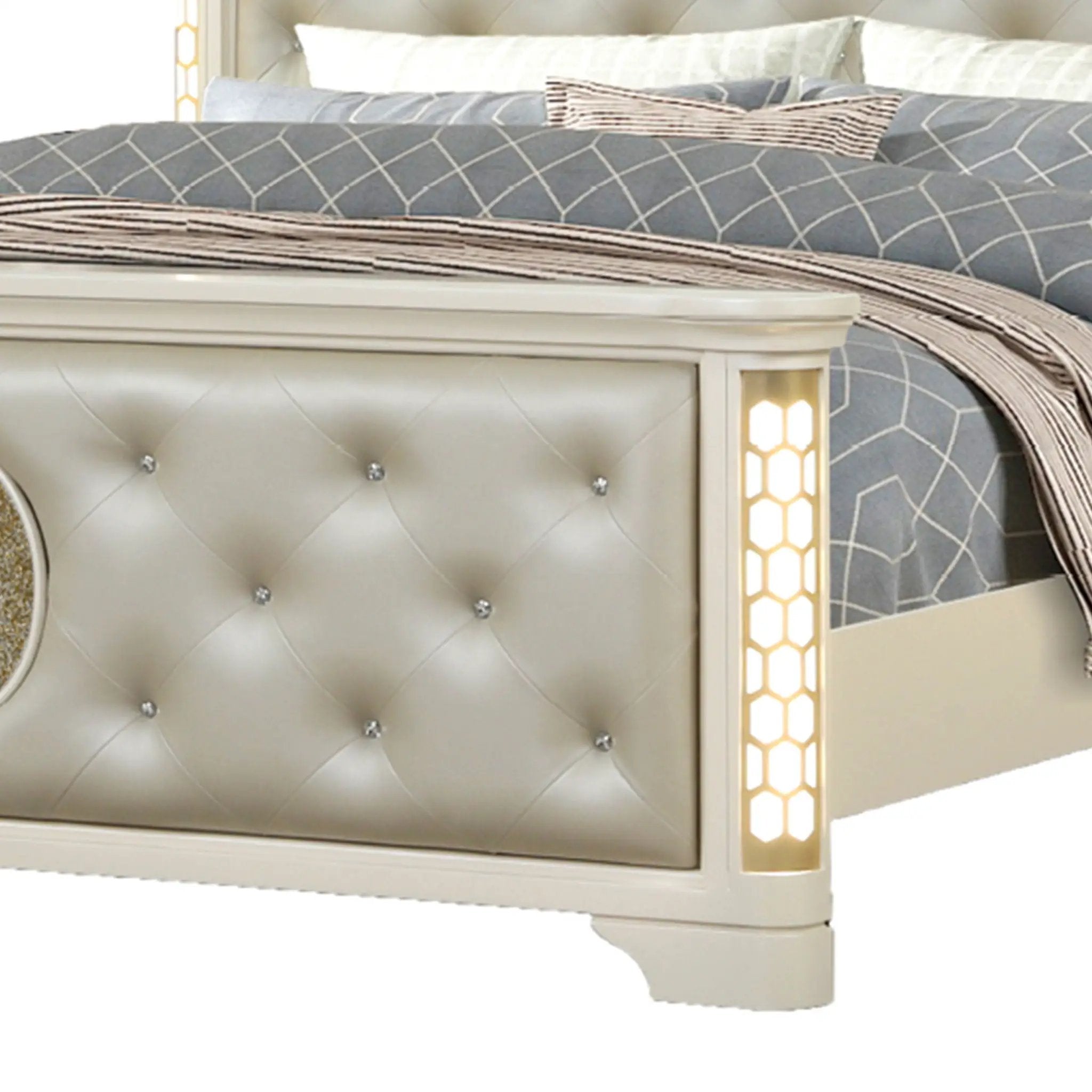 Jasmine - Queen Size Tufted Upholstery & LED Bed - Beige by HouseOfZazla