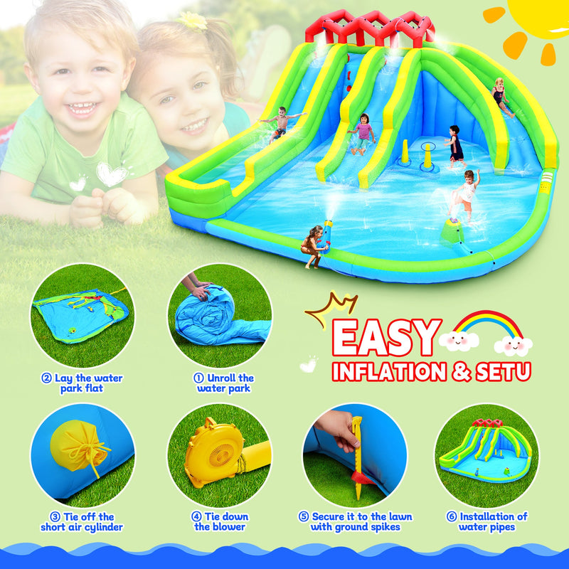 7-in-1 Inflatable Water Park Three Slide with Blower and Climbing Wall for Children by HouseOfZazla