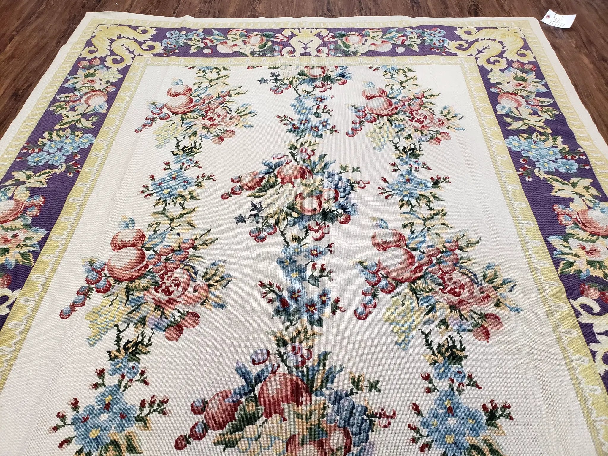 Vintage Chinese Floral Needlepoint Area Rug 6x9, Wool Hand-Woven Handmade Flatweave Rug, Ivory & Purple, Fruits Grapes Apples, Dining Room by Jewel Rugs