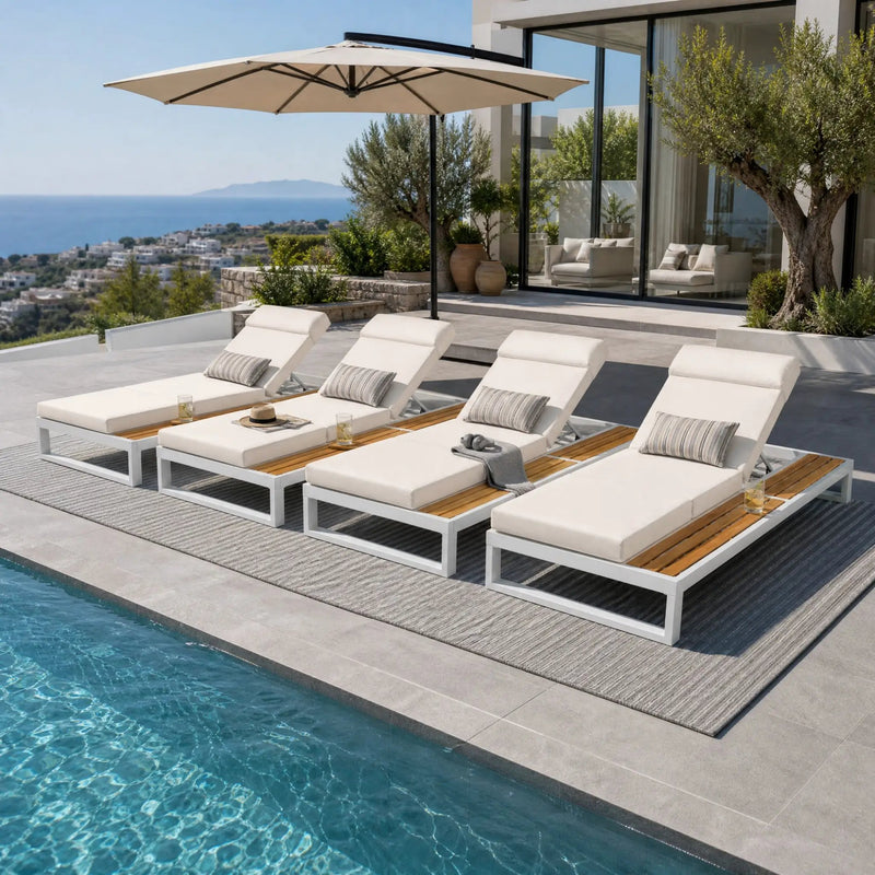 White Iron & Teak Finish Chaise Lounge Set: 1 Frame + 1 4-Fold by HouseOfZazla