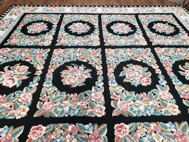 Floral Needlepoint Rug 9.5 x 13.6, Floral Panel Design, Black and Ivory Flatweave Aubusson Carpet, Multicolor by Jewel Rugs