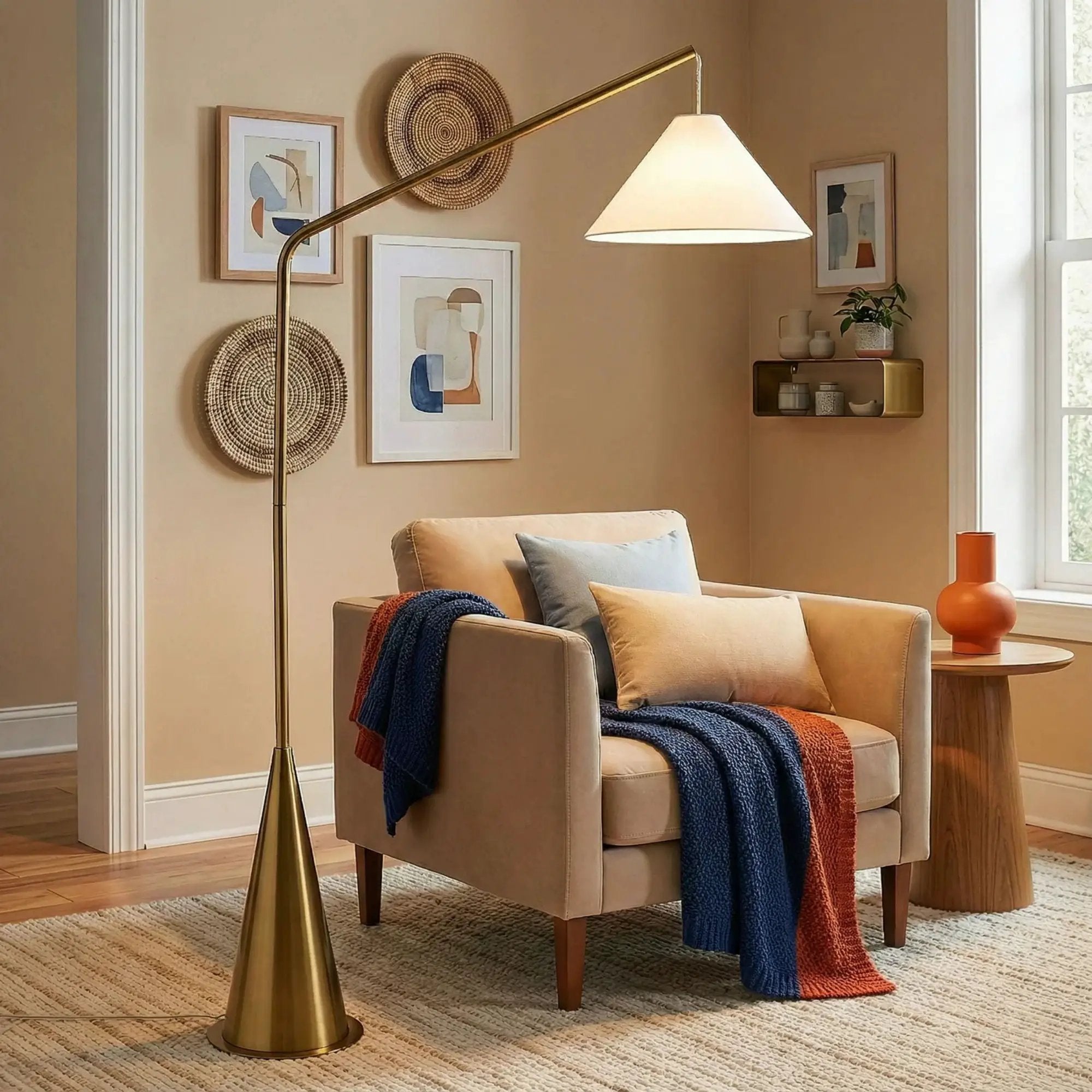 Lisbon - Floor Lamp With On / Off Switch Coned Base Hanging Shade - Antique Brass / White by HouseOfZazla