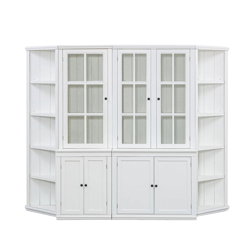 Retro Style Wall Suit With Glass Doors, 75.25" Tall Display Cabinets & Triangle Sided Bookshelves - White by Unique Piece Furniture