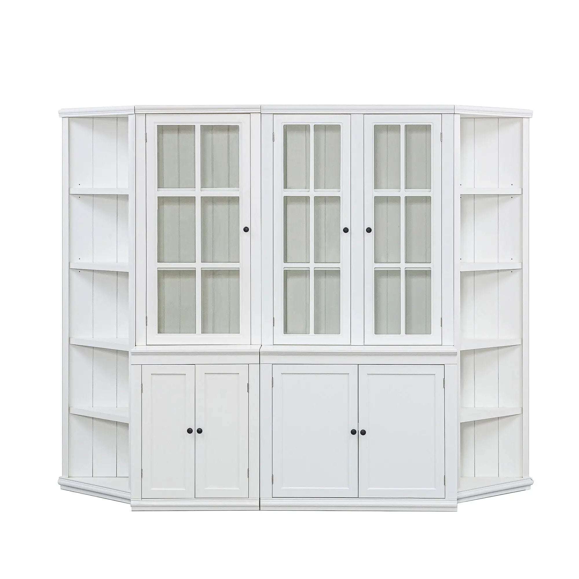 Retro Style Wall Suit With Glass Doors, 75.25" Tall Display Cabinets & Triangle Sided Bookshelves - White by HouseOfZazla