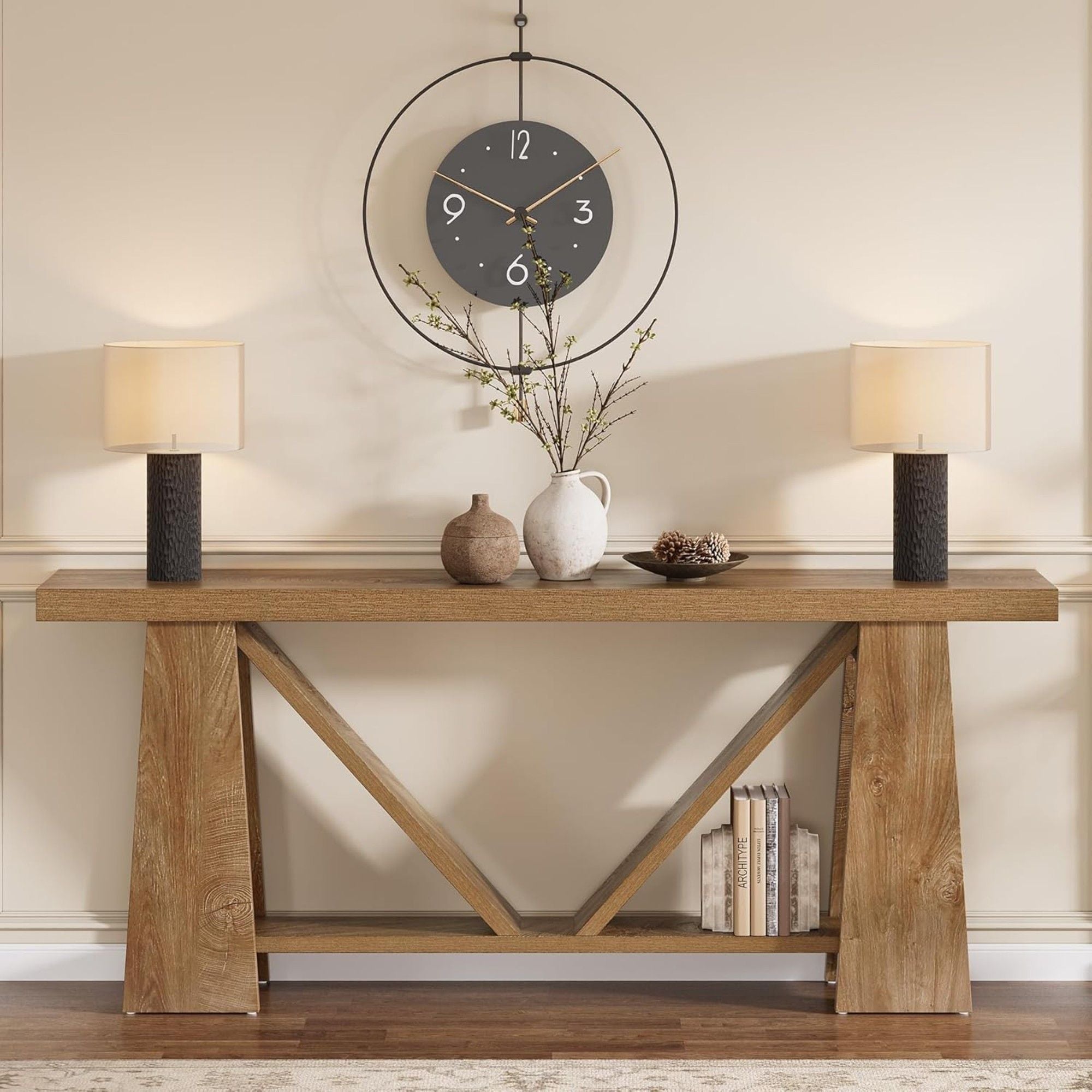 Slim 2 Tier Entryway Accent Extra Long Console Table For Living Room - Natural / Light Brown by HouseOfZazla