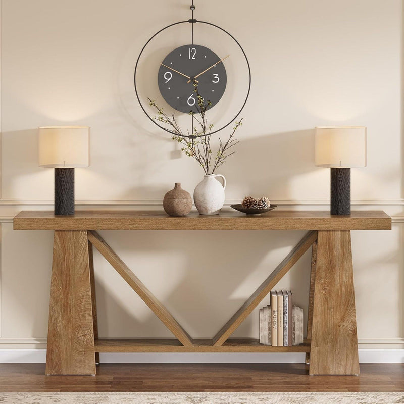 Slim 2 Tier Entryway Accent Extra Long Console Table For Living Room - Natural / Light Brown by HouseOfZazla