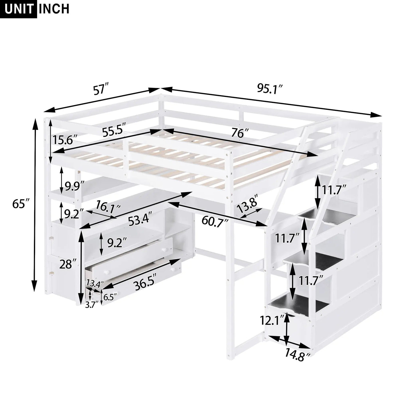 Loft Bed With Desk, Shelves, 2 Drawers, Storage Staircase by Unique Piece Furniture