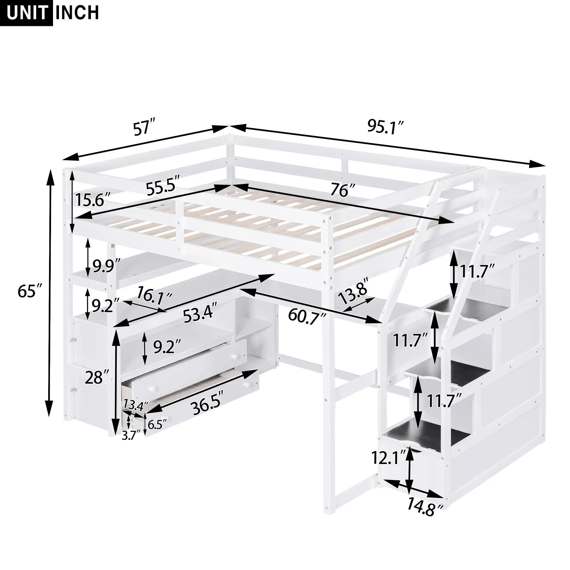 Loft Bed With Desk, Shelves, 2 Drawers, Storage Staircase by HouseOfZazla