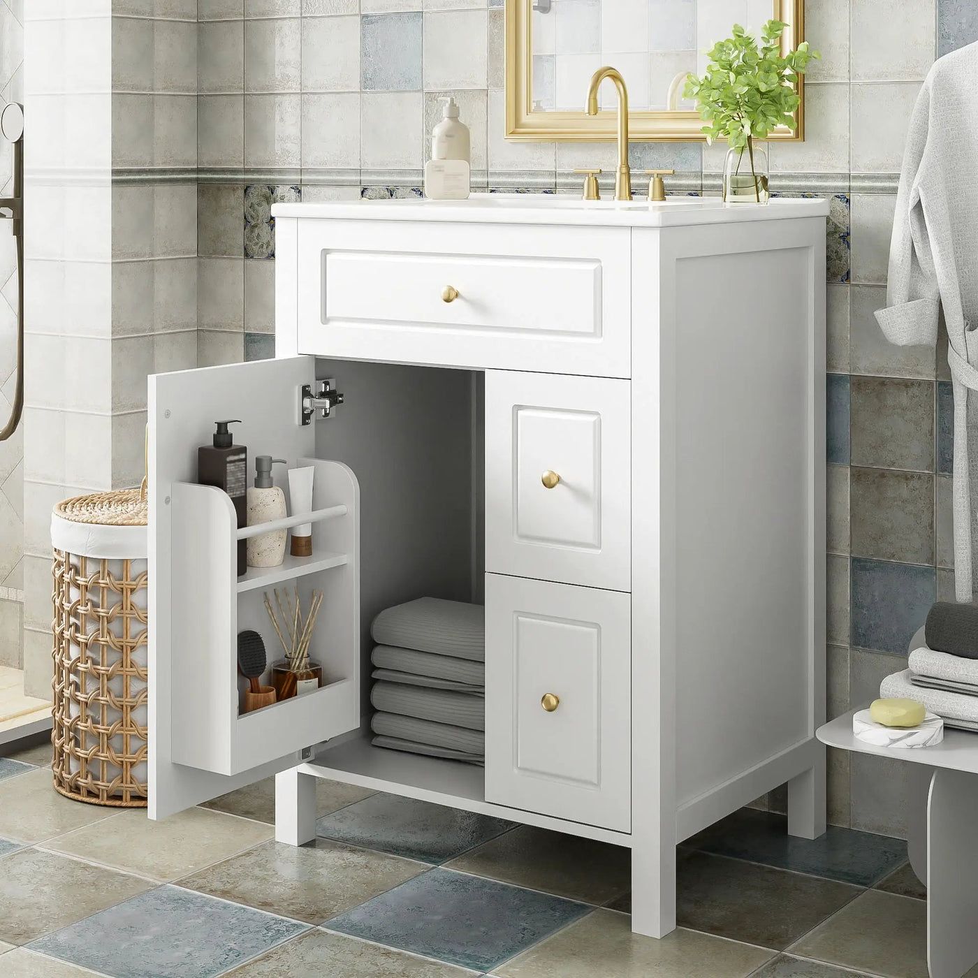 Elegant Bathroom Vanity With Ceramic Sink, Soft Close Doors And Drawers, Double Storage Racks by HouseOfZazla