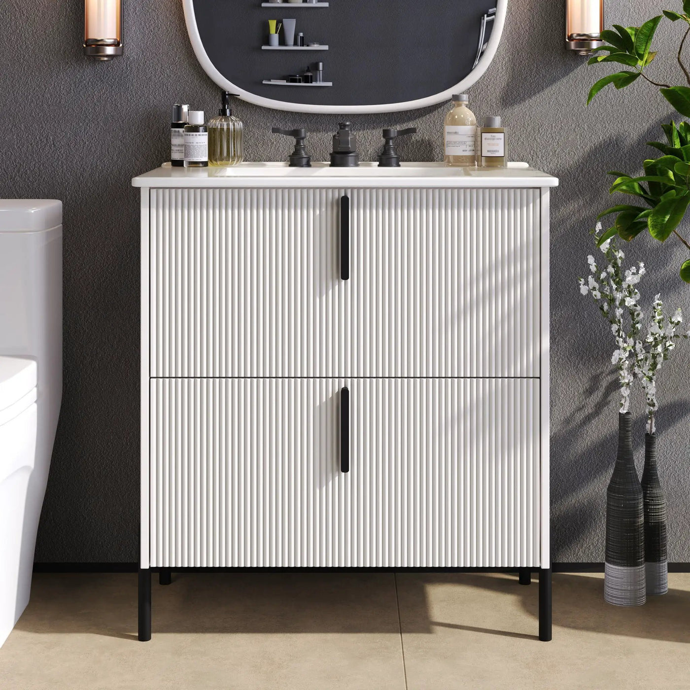 Bathroom Vanity With Ceramic Sink, Fluted Design by HouseOfZazla