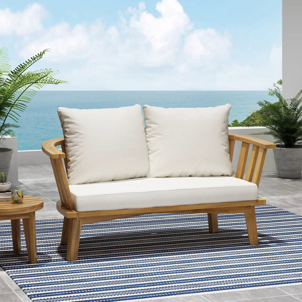 Outdoor Wooden Loveseat with Cushions - White/Teak