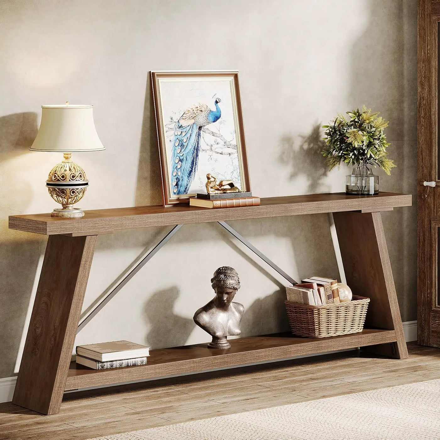 Console Table Extra Long Sofa Table With 2 Tier Shelves For Living Room by HouseOfZazla