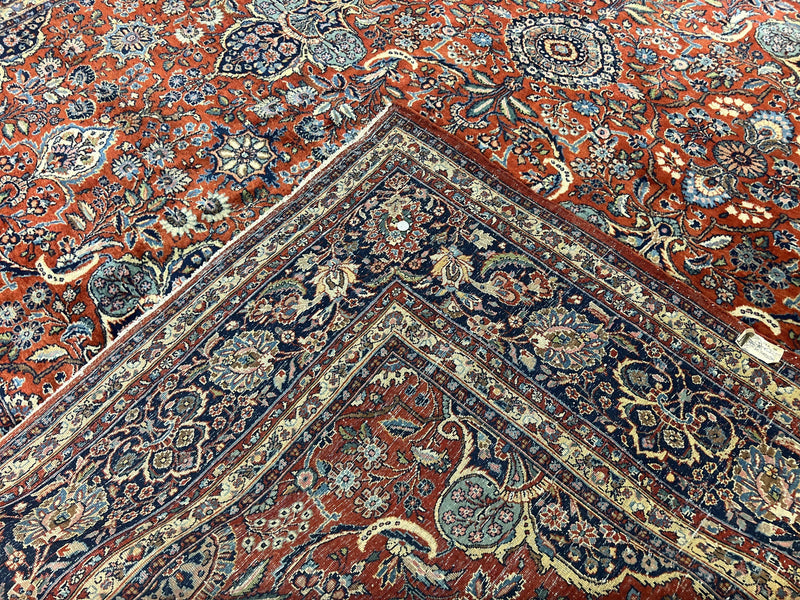 Persian Sarouk Rug 9x12, Red and Dark Blue Floral Allover Antique Persian Carpet, Handmade Wool Qazvin Rug by Jewel Rugs