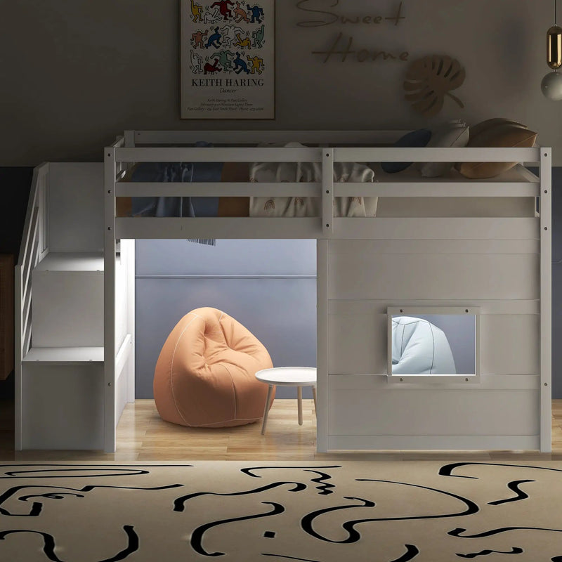 Loft Bed With Storage Staircase, Window & LED Light by Unique Piece Furniture