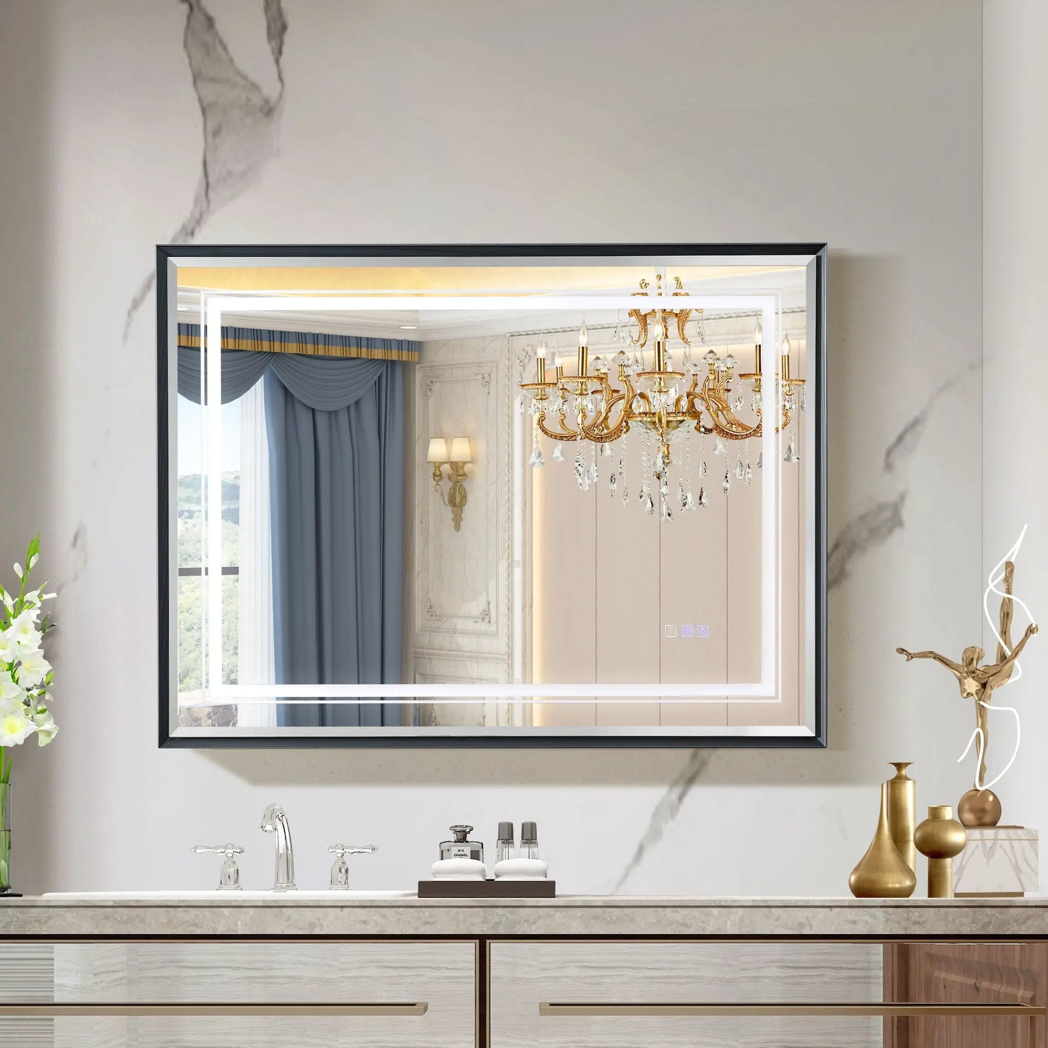 LED Bathroom Beveled Mirror, 3000 - 6000K Gradient Front And Backlit LED Mirror For Bathroom, 3 Colors Dimmable, Ip54 Enhanced Anti Fog by Unique Piece Furniture