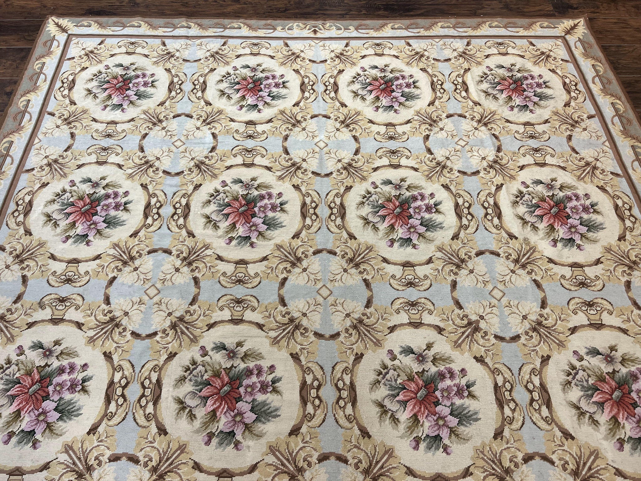 Chinese Needlepoint Rug 8x11, Handmade Wool Needlepoint Carpet, Vintage, Sky Blue by Jewel Rugs
