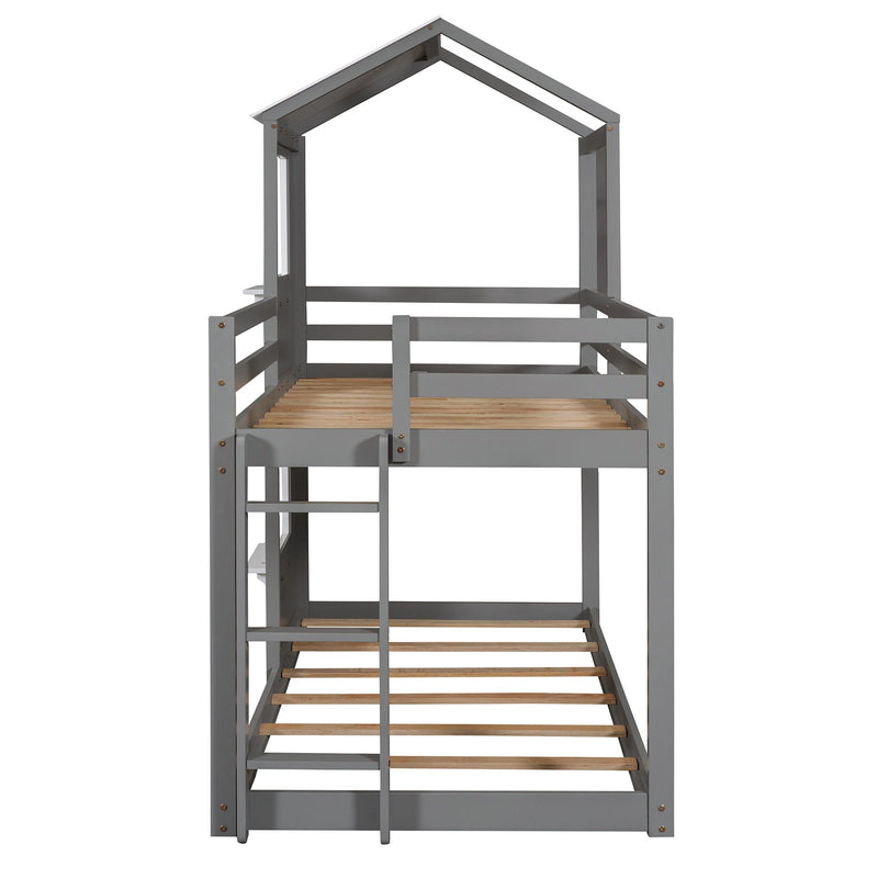 Bunk Bed Wood Bed & Roof, Window, Guardrail, Ladder