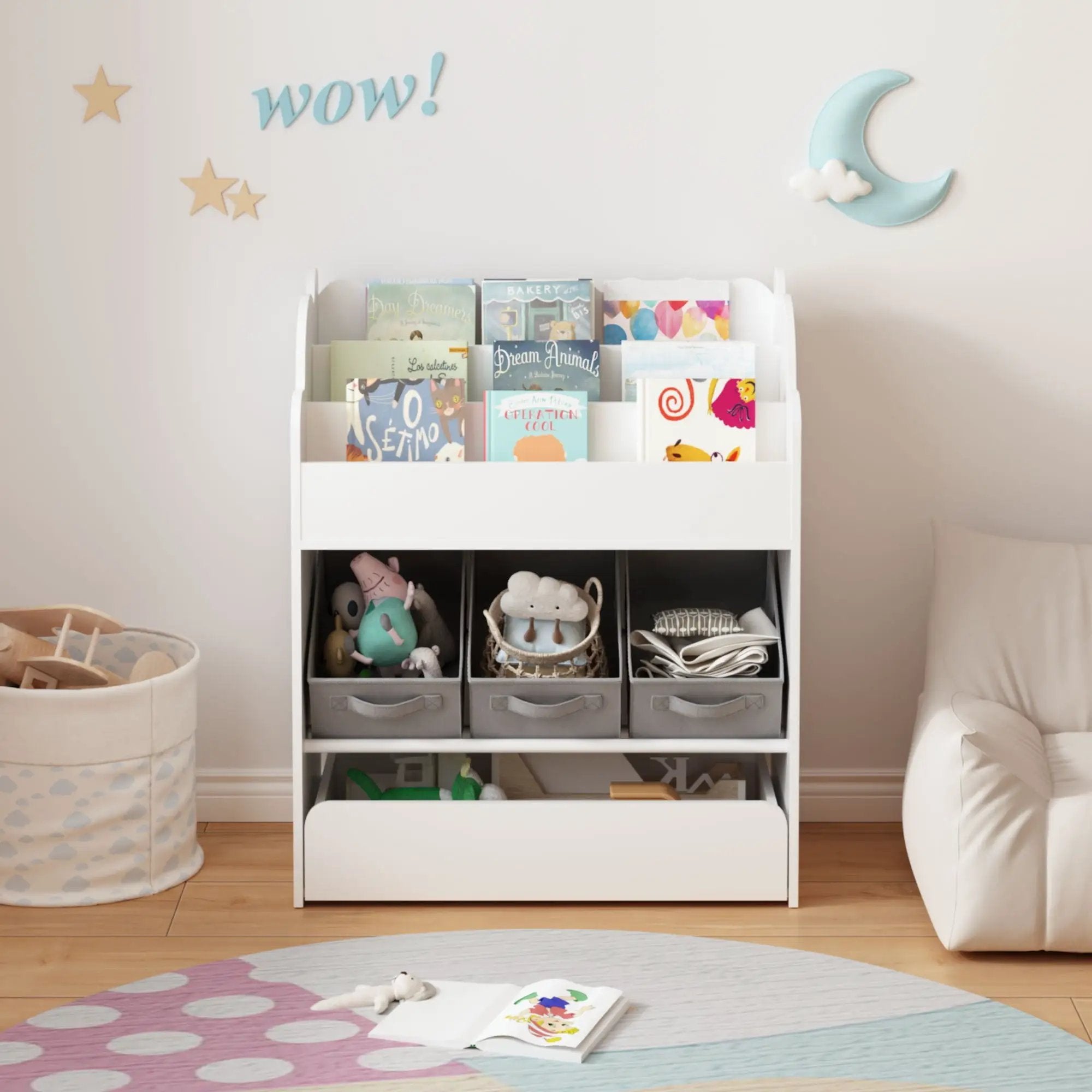 Bookshelf With Storage Bins And Drawer, Multi Functional Book Organizer For Toddlers - White by HouseOfZazla