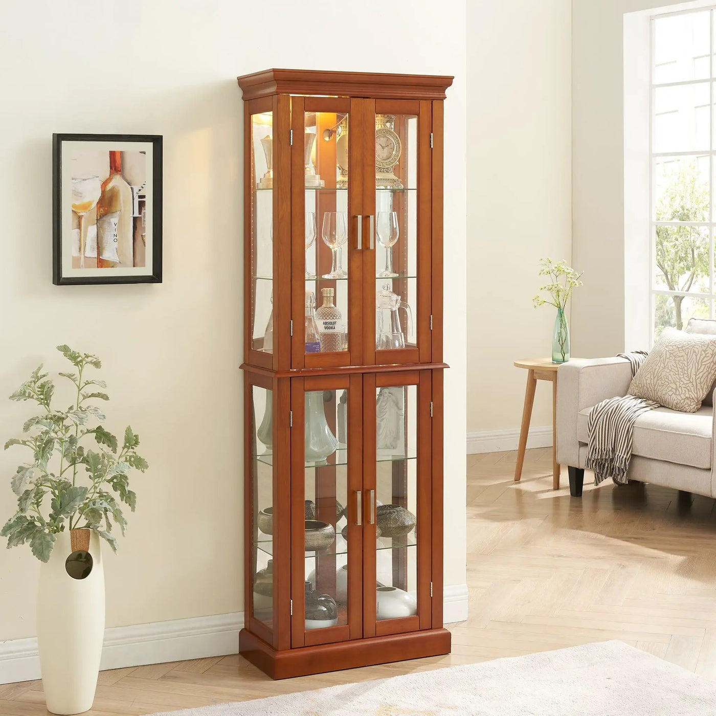 Lighted Curio Cabinet With Adjustable Shelves and Mirrored Back Panel by HouseOfZazla