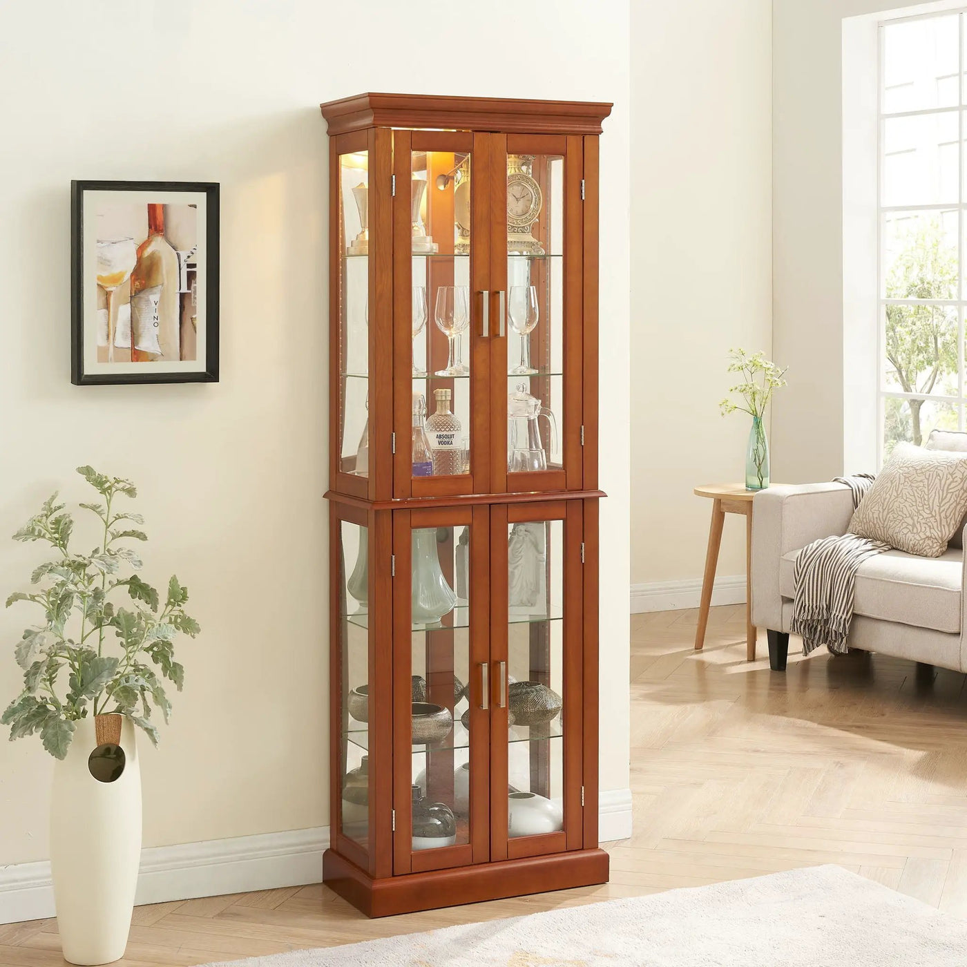 Curio Cabinet Lighted Curio Diapaly Cabinet With Adjustable Shelves And Mirrored Back Panel, Tempered Glass Doors (6 Tier), (E26 Light Bulb Not Included) by Unique Piece Furniture
