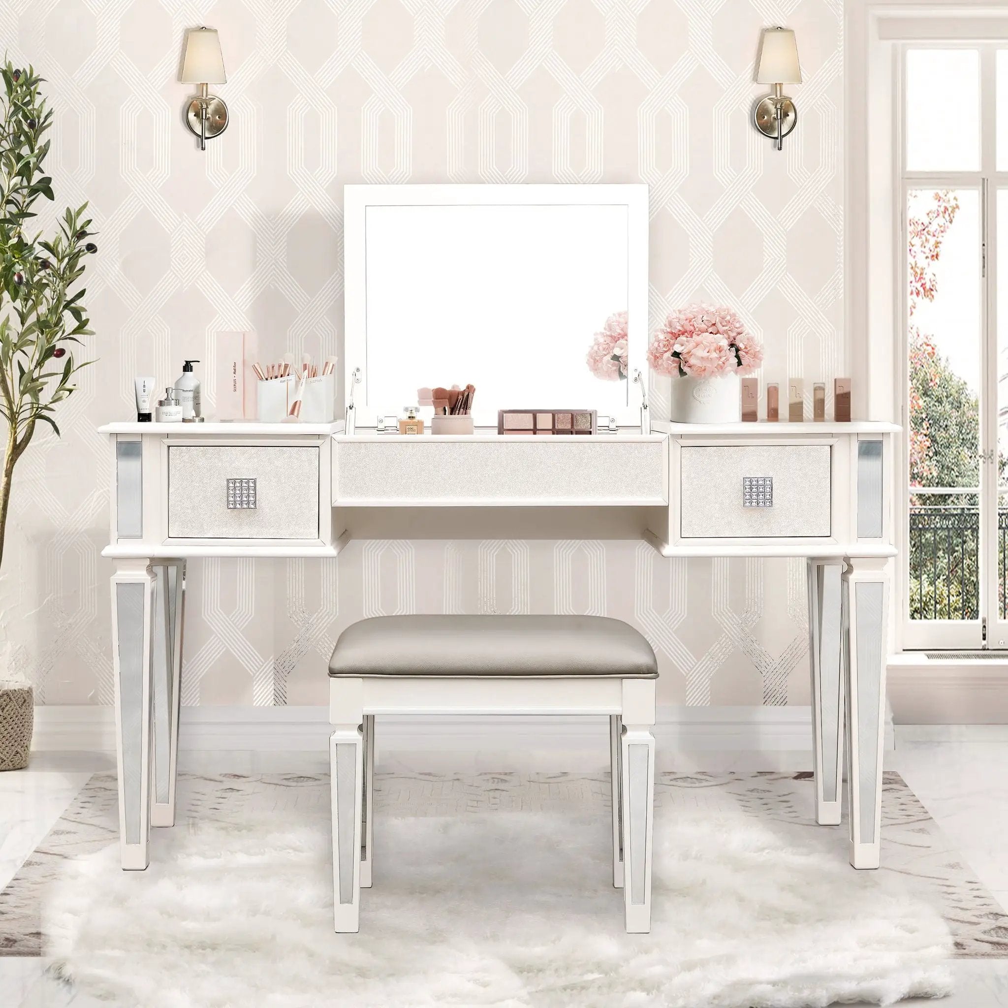 Mirrored Vanity Desk With Drawers And Stool, Flip Up Dressing Table Set For Makeup Room by Unique Piece Furniture