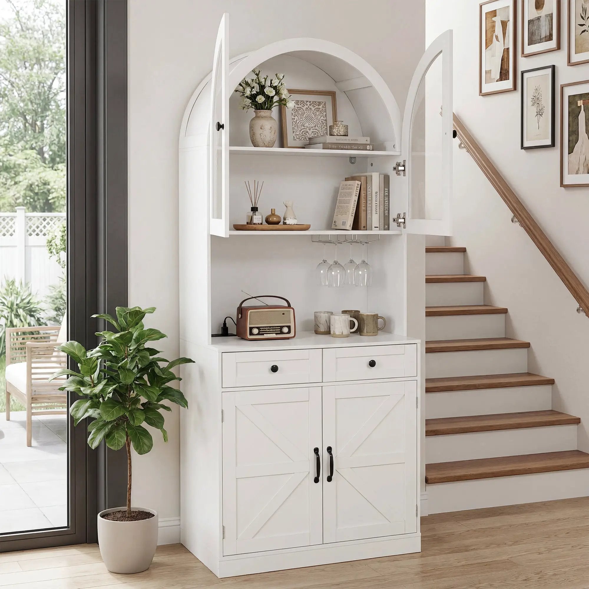 75" Farmhouse Tall Arched Pantry Cabinet with Charging Station by HouseOfZazla