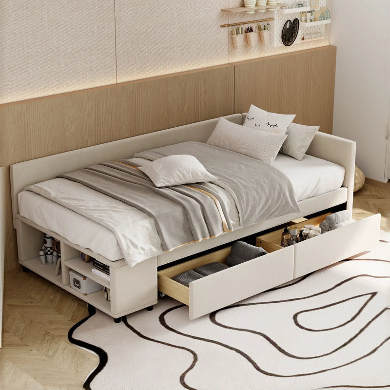 L Shaped Upholstered Platform Bed With Storage And Drawers by HouseOfZazla