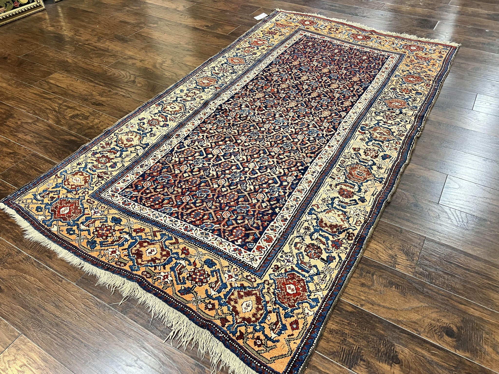 Persian Senneh Rug 4x8, Wool Hand Knotted Antique Kurdish Carpet, Navy Blue Oriental Area Rug, 4 x 8 Rug by Jewel Rugs