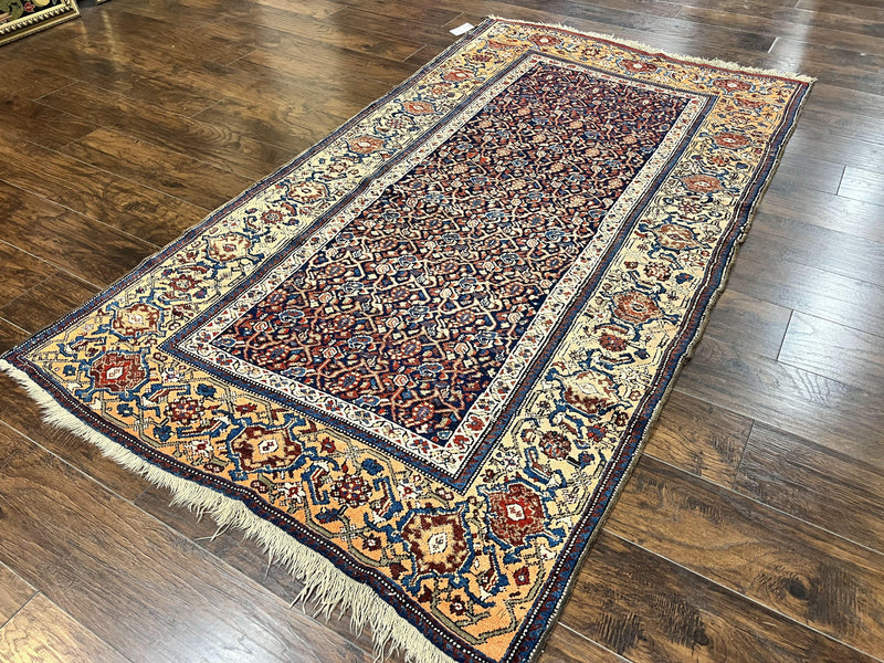 Persian Senneh Rug 4x8, Wool Hand Knotted Antique Kurdish Carpet, Navy Blue Oriental Area Rug, 4 x 8 Rug by Jewel Rugs