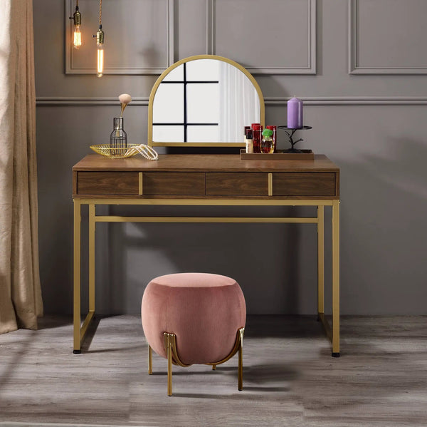 Coleen Walnut & Gold Finish Vanity Desk with Mirror & Jewelry Tray