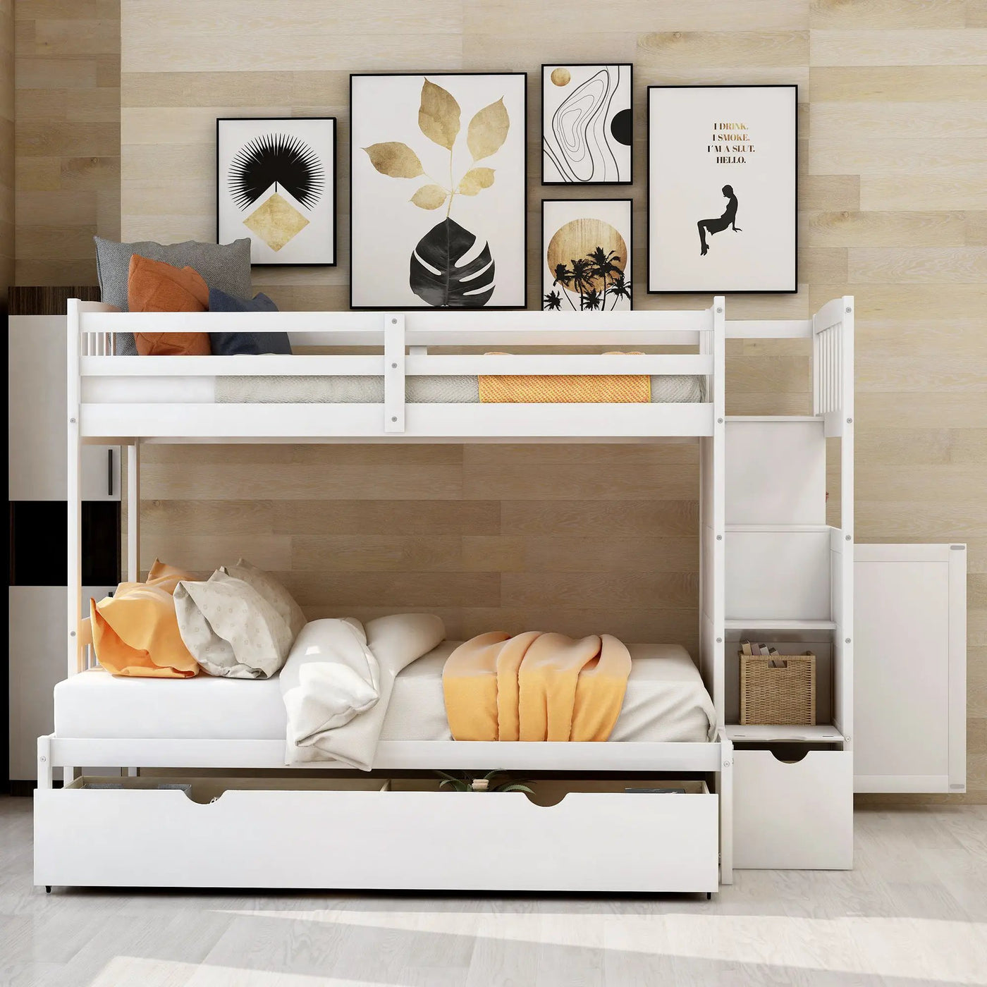 Bunk Bed, Convertible Bottom Bed, Storage Shelves And Drawers by Unique Piece Furniture