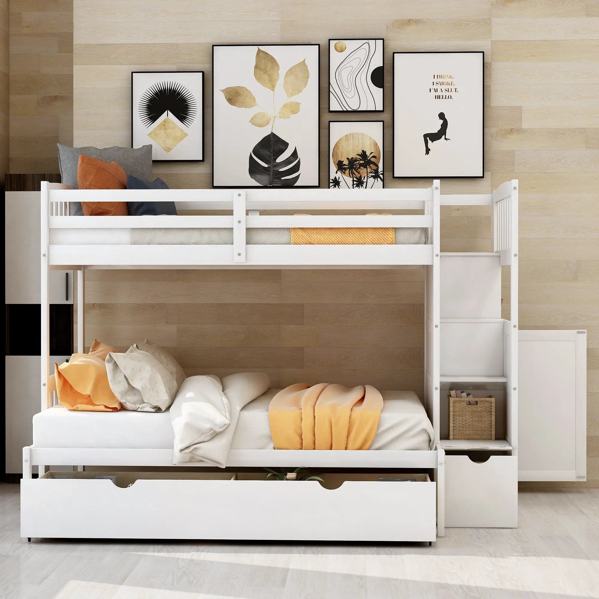 Bunk Bed, Convertible Bottom Bed, Storage Shelves And Drawers by HouseOfZazla