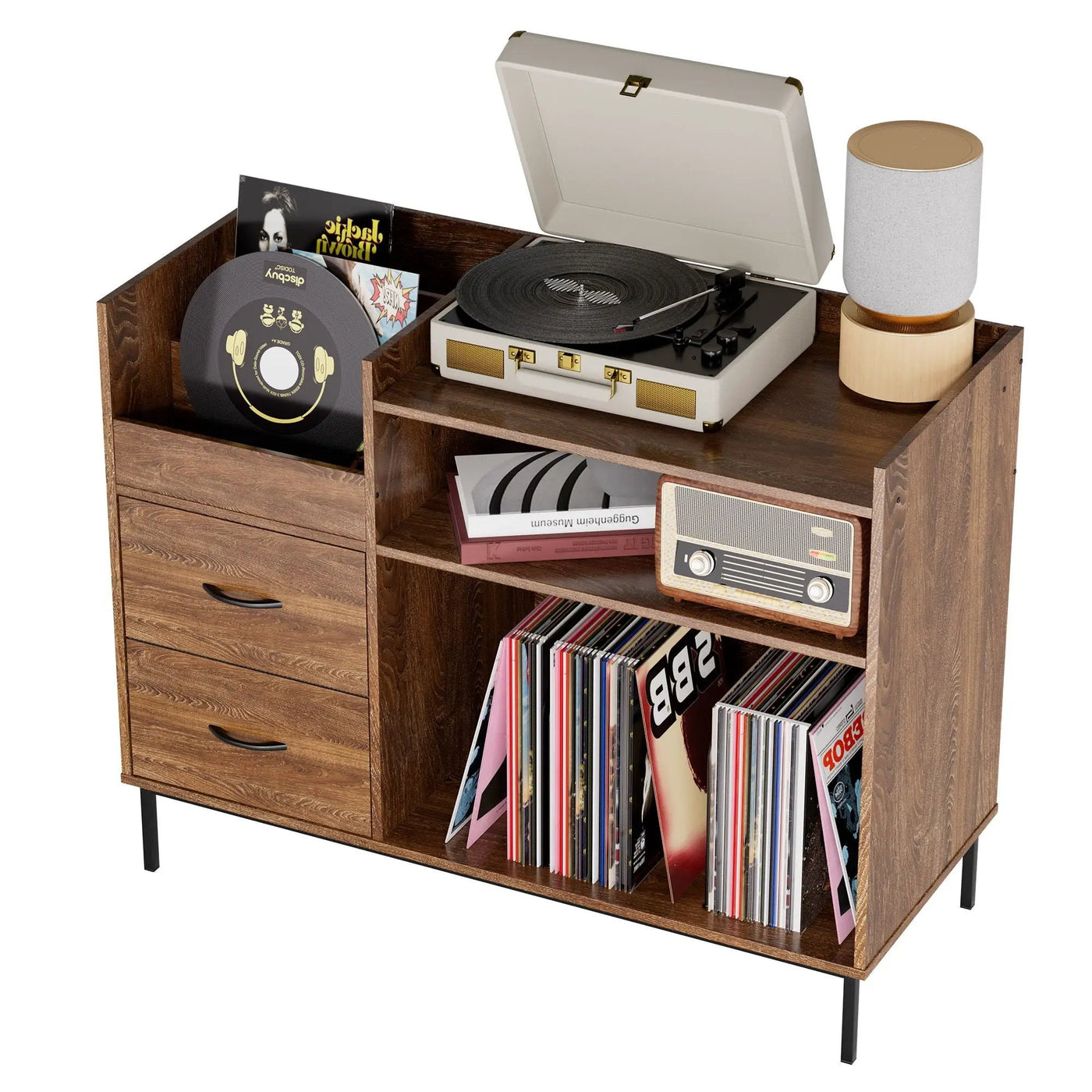 Eco-Friendly Vinyl Record Player Stand With Flip-Top Storage, Media Console With Dual Outlets And Dustproof Drawers by HouseOfZazla