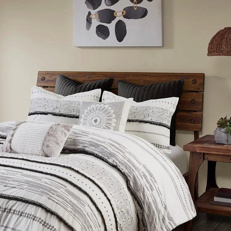 Cotton Printed Comforter Set with Trims Black/White King/Cal King by HouseOfZazla