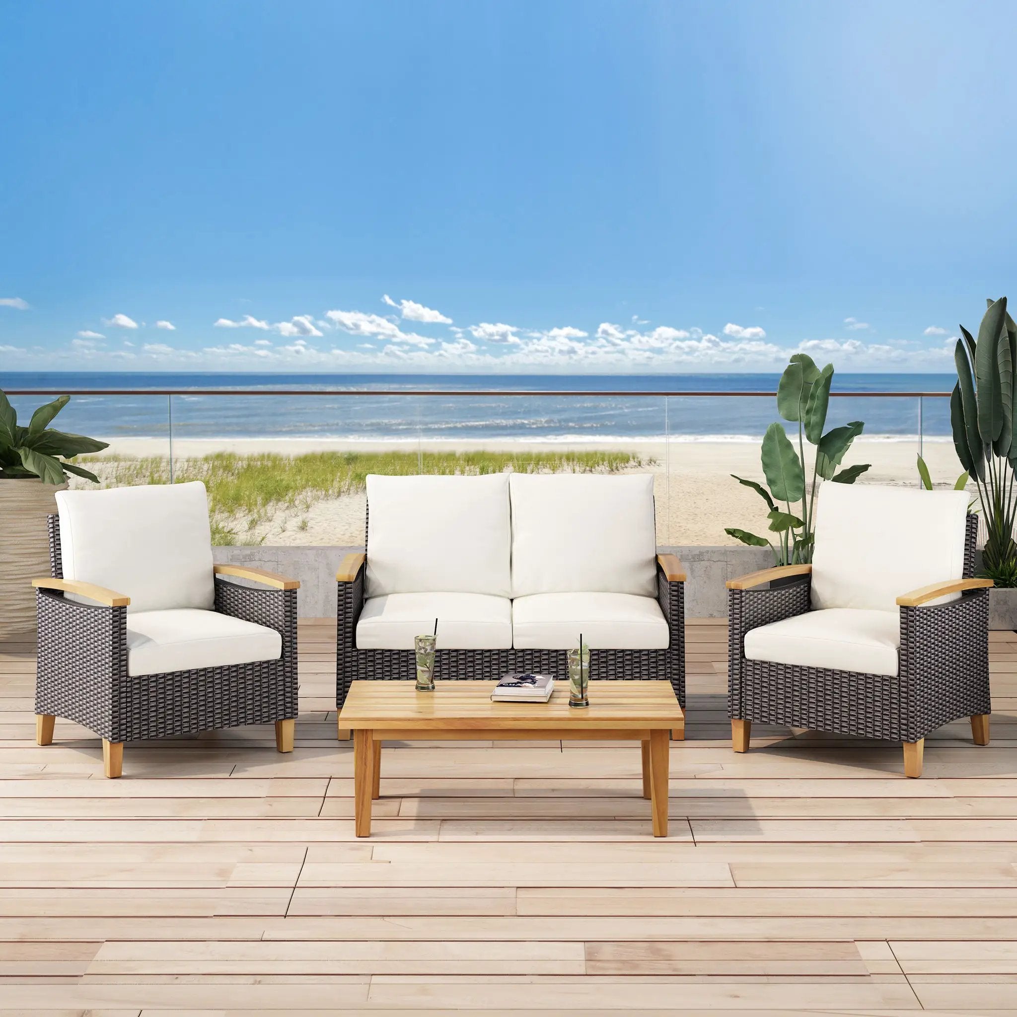 Isla Transitional Chat Set With Water Resistant Cushions - Teak by HouseOfZazla