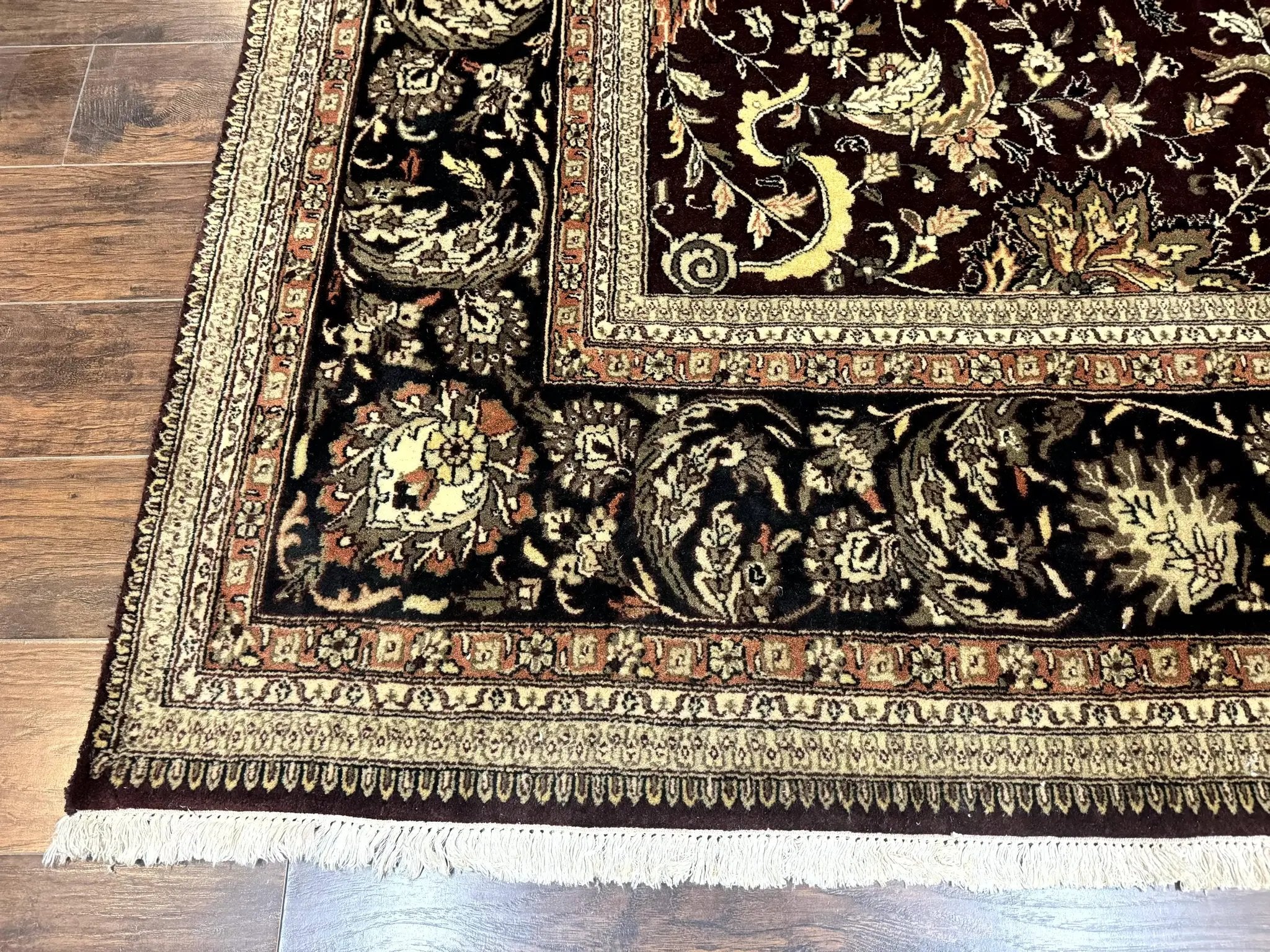 Indo Persian Rug 10x14, Floral Allover, Handmade Vintage Wool Rug, Dark Maroon/Plum and Black by Jewel Rugs