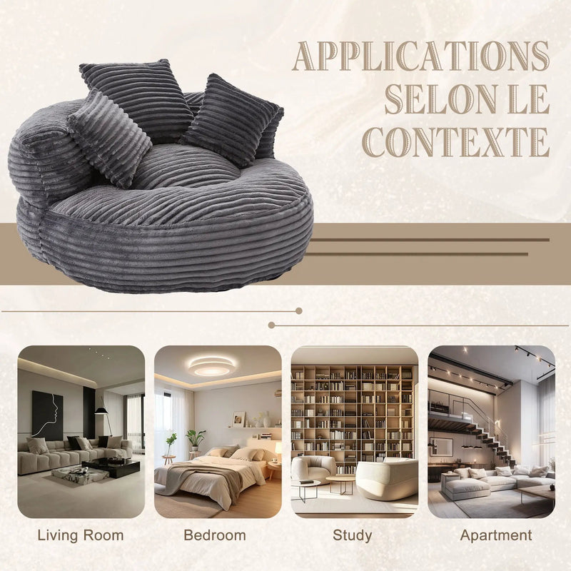 Oversized Bean Bag Chair With 3 Pillows & Armrest - Dark Gray by Unique Piece Furniture