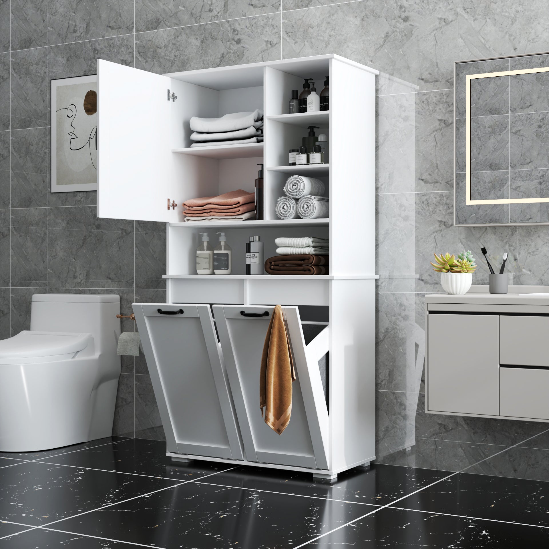 Laundry Cabinet with Doors and Shelf, Tilt-Out Laundry Hamper, Multiple Storage Space by HouseOfZazla