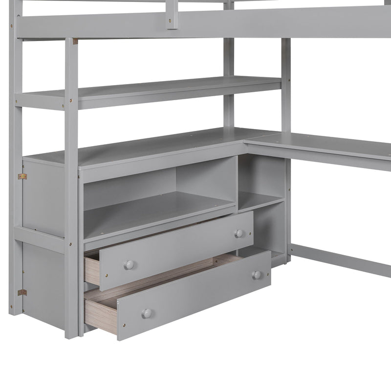 Loft Bed With Desk, Shelves, 2 Drawers, Storage Staircase