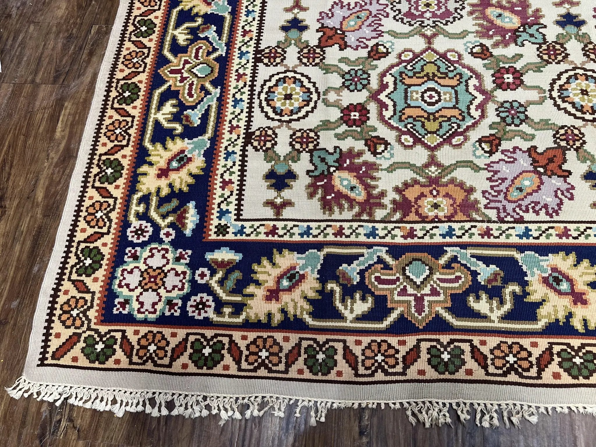 Antique Turkish Kilim Rug 7x10 Allover Pattern, Ivory Cream Maroon Light Blue, Wool Flatweave Hand Woven, Large Kilim, Vintage Kilim Carpet by Jewel Rugs