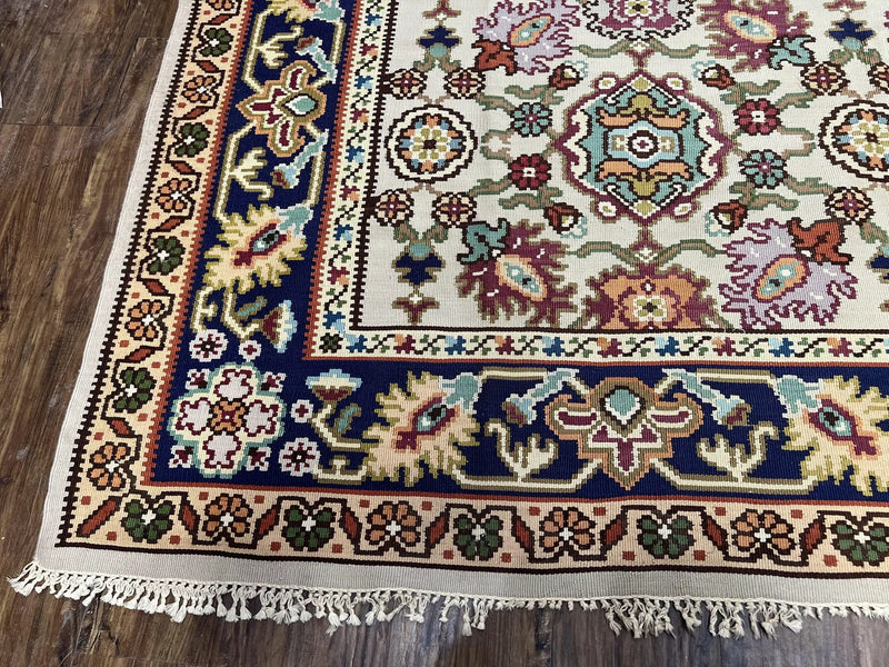 Antique Turkish Kilim Rug 7x10 Allover Pattern, Ivory Cream Maroon Light Blue, Wool Flatweave Hand Woven, Large Kilim, Vintage Kilim Carpet by Jewel Rugs