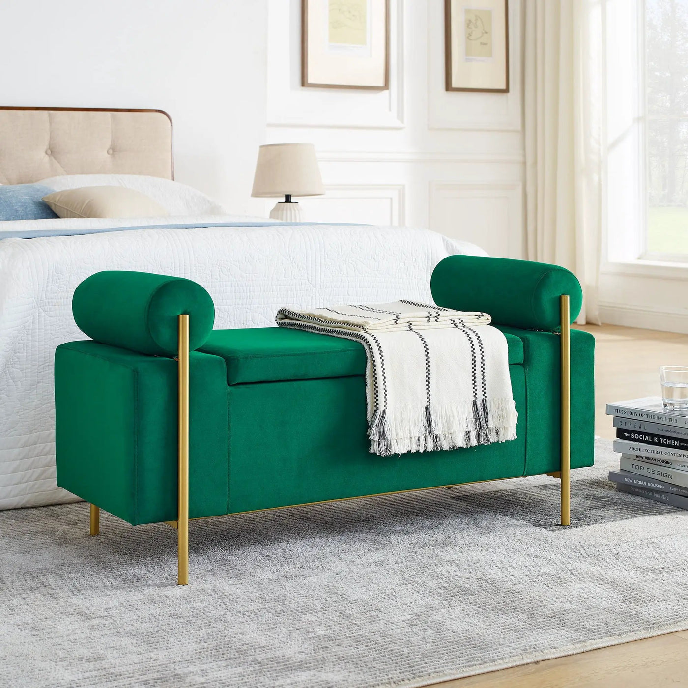 Elegant Upholstered Storage Bench With Cylindrical Arms And Iron Legs, by HouseOfZazla