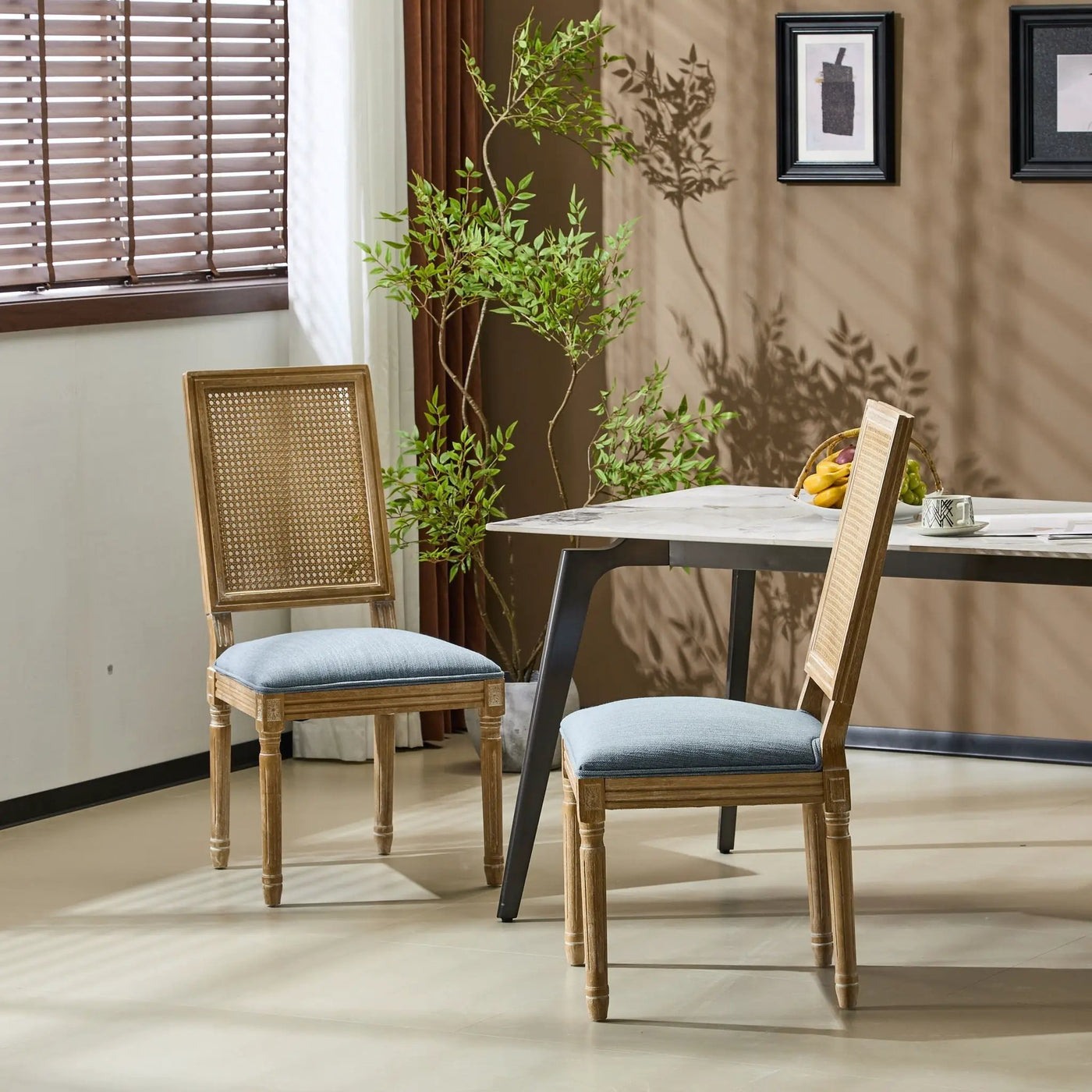 French Country Dining Chair With Rectangular Cane Backrest And Smooth Upholstered Seating by HouseOfZazla