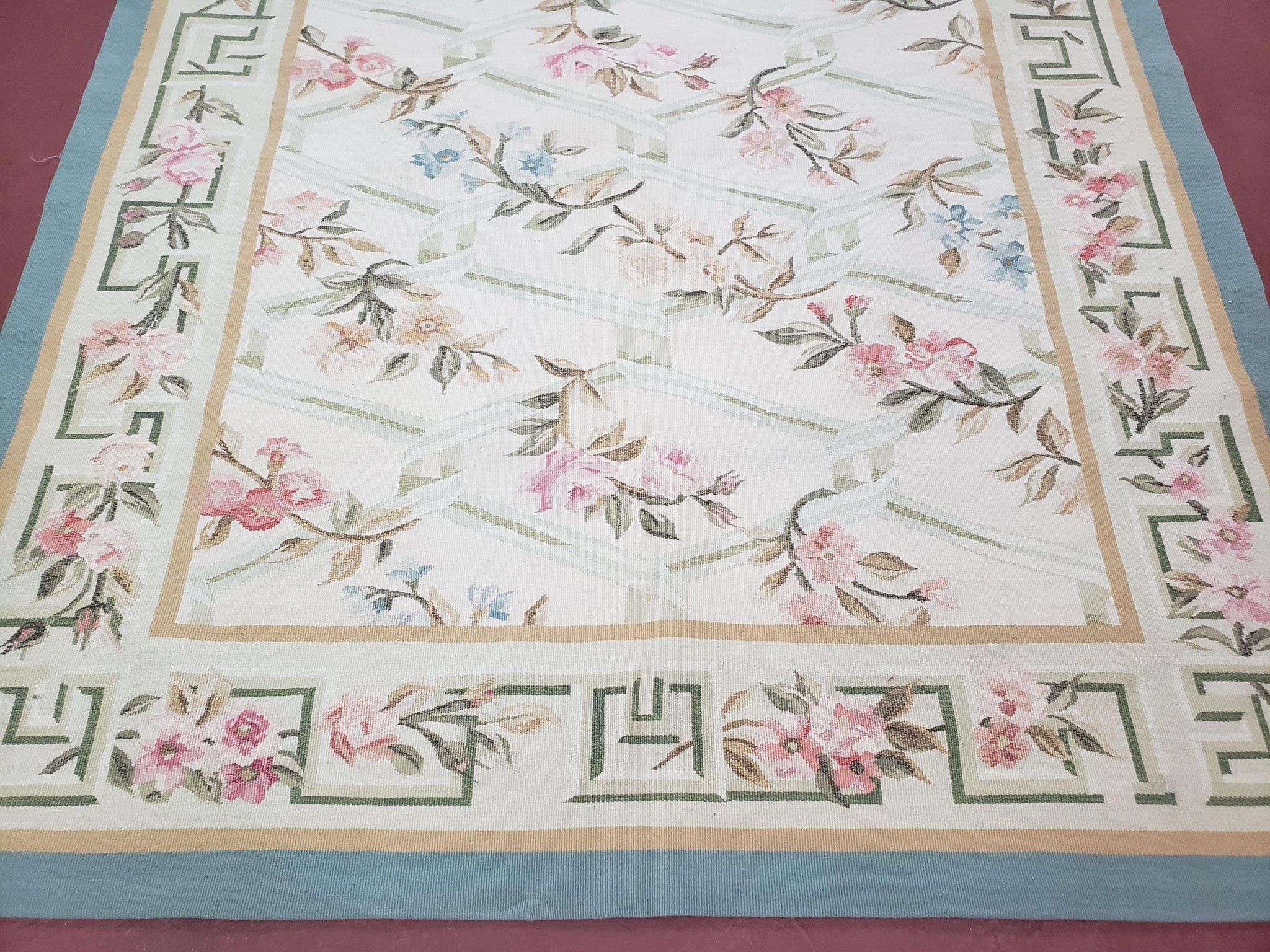 Vintage Aubusson Area Rug, Aubusson Flat weave Carpet, Floral Geometric Pattern, Beige Teal Green, 4x6 Rug, European Design by Jewel Rugs
