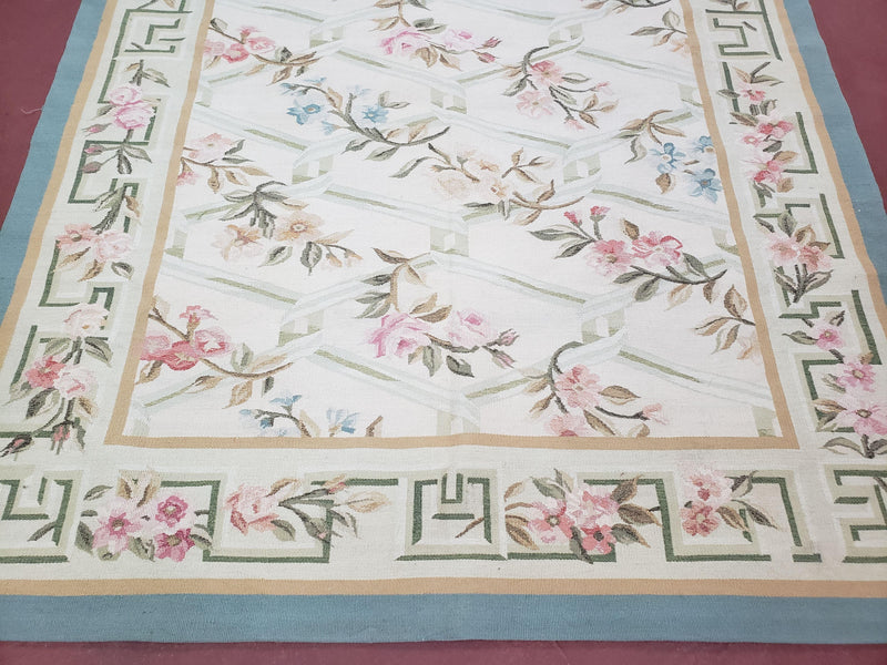 Vintage Aubusson Area Rug, Aubusson Flat weave Carpet, Floral Geometric Pattern, Beige Teal Green, 4x6 Rug, European Design by Jewel Rugs