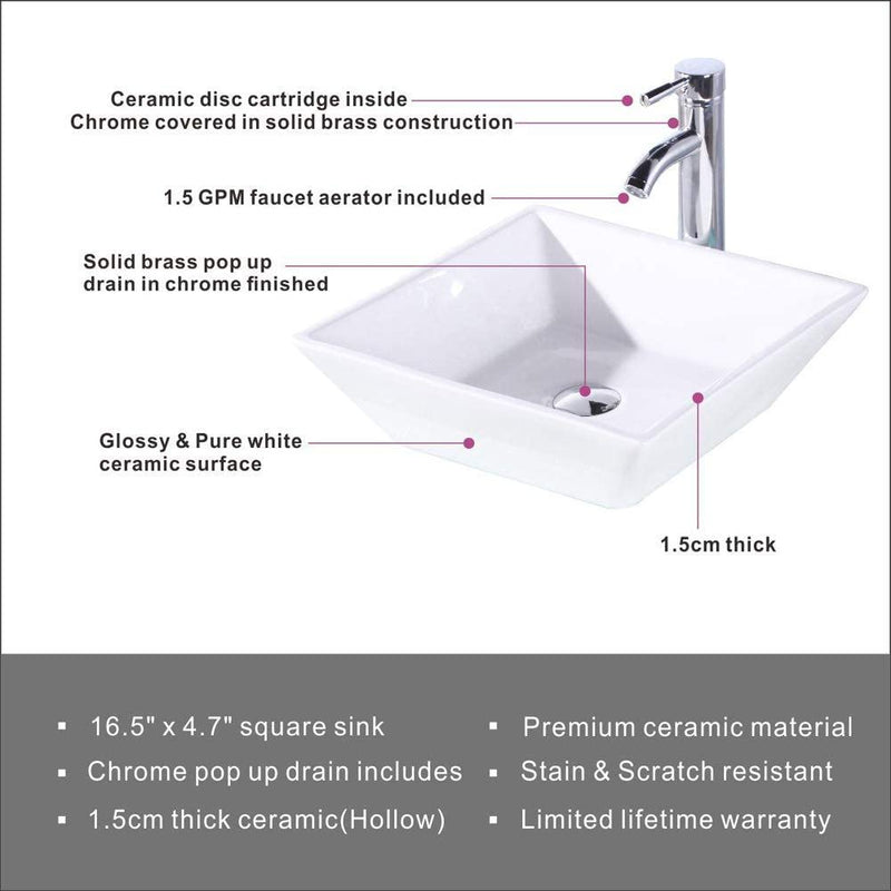 Square Bathroom Vessel Sink - White Porcelain Counter Bowl For Bathroom Vanity - White by HouseOfZazla
