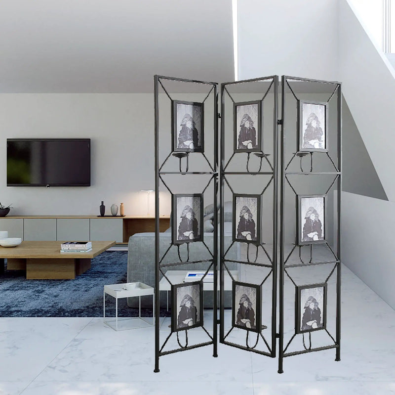 Room Photo Frames Screen Divider Screens, 3 Panel Decorative Screen With Photo Frames, Antique Mirror, Candle Stick - Black by HouseOfZazla