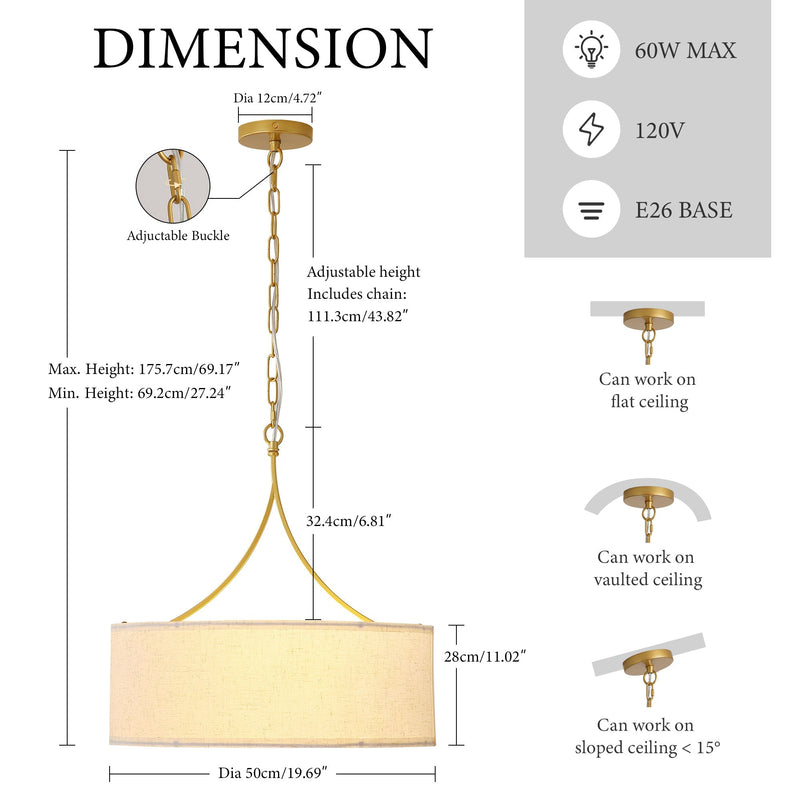 3-Light Gold Fabric Drum Pendant Light by HouseOfZazla