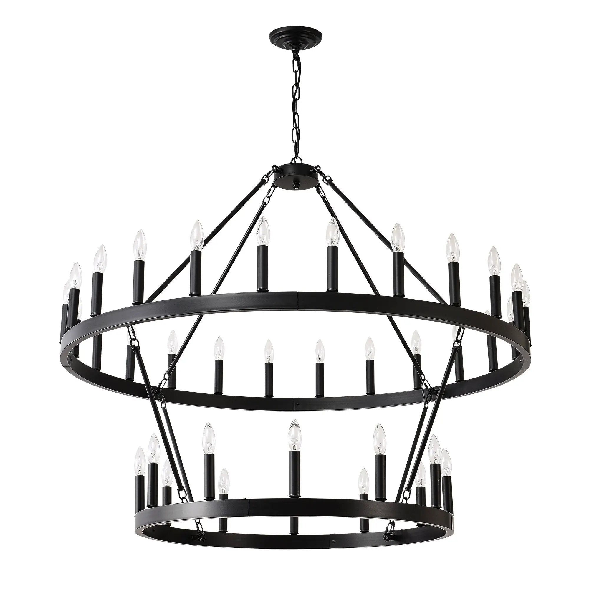 2 Tiers Wagon Wheel Chandelier Wooden Farmhouse 36 Light (24 / 12) Or (12 / 24) Metal Chandeliers 2 Story Light Fixtures Industrial For High Ceiling Living Dining Room Foyer, Adjustable Height - Black by HouseOfZazla